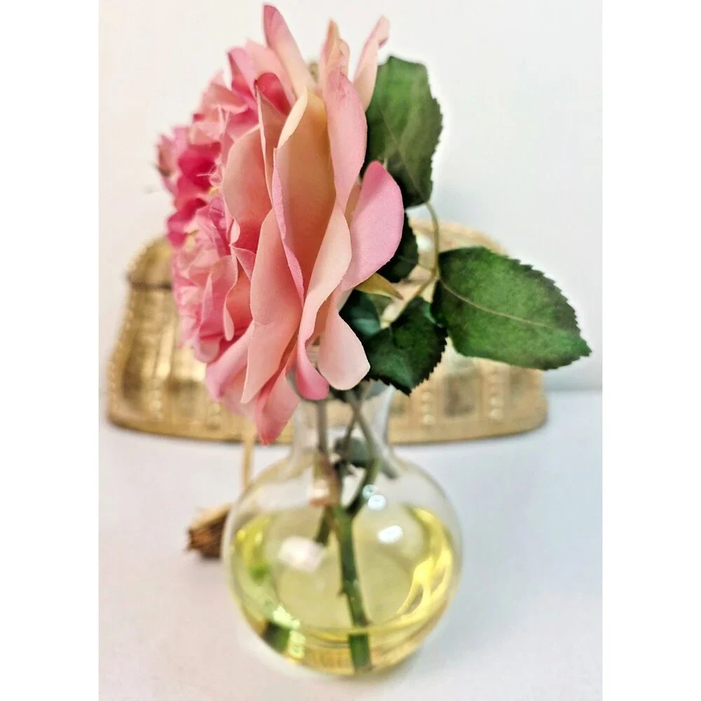 Vintage Faux Pink Cabbage Rose Silk Flower in Glass Vase with Bluebird Nest
